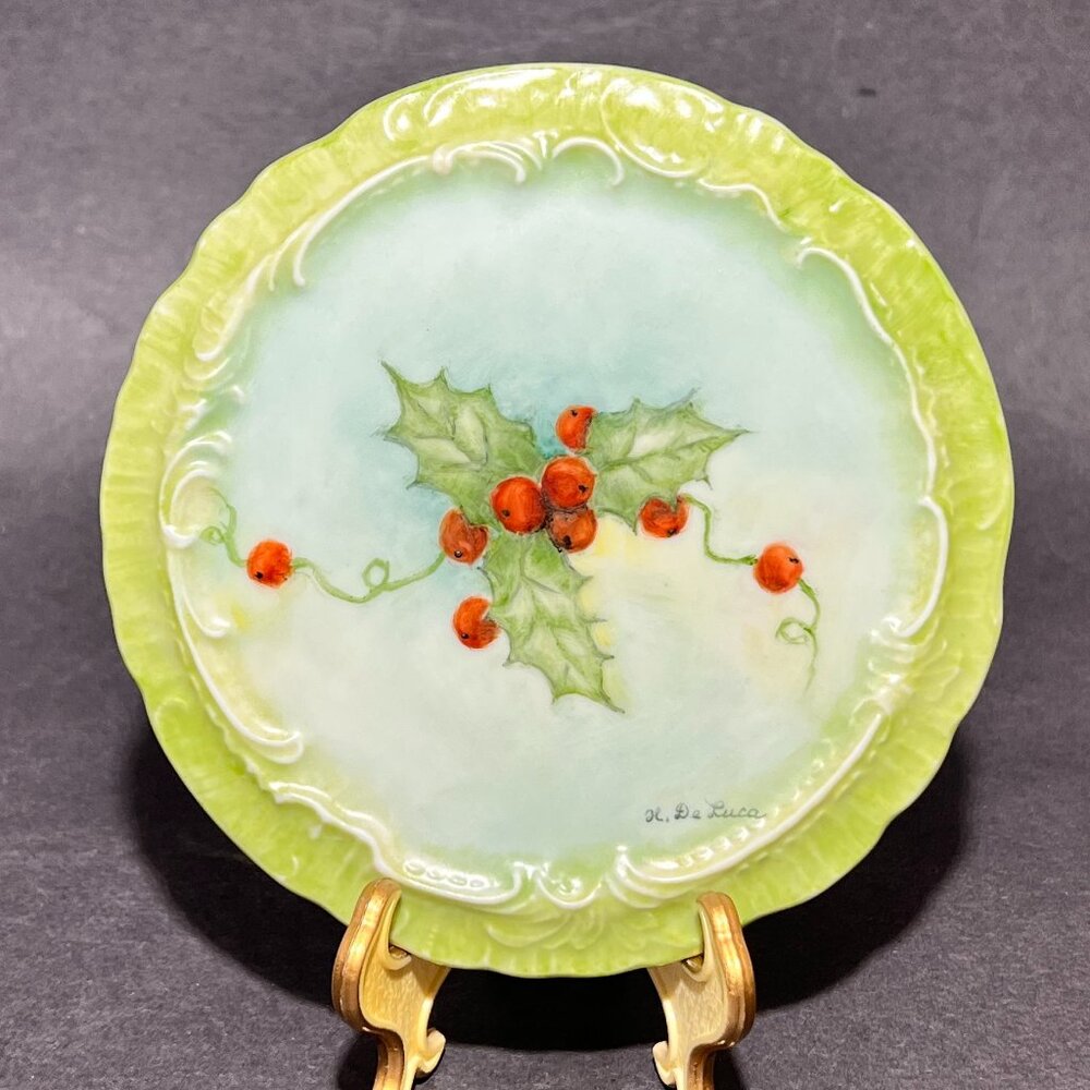 De Luca Hand Painted Holly Berries Trivet Plate Ceramic Green Christmas Holiday